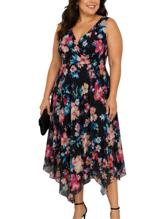 connected apparel Dresses & Skirts - Connected Apparel Floral Asymmetrical Midi Dress Black Pink Blue Size 16 NWT